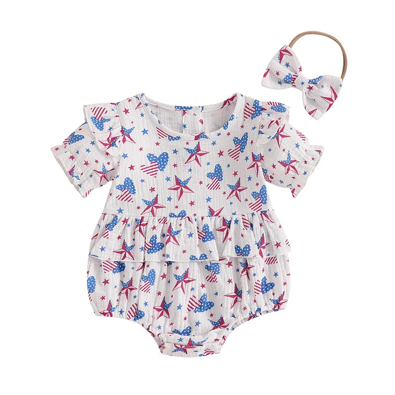 Baby Girl 2Pcs 4th of July Outfit Love Heart Star Pattern Ruffled Crew Neck Short Sleeve Romper & Bow Headband Set Hearts United States