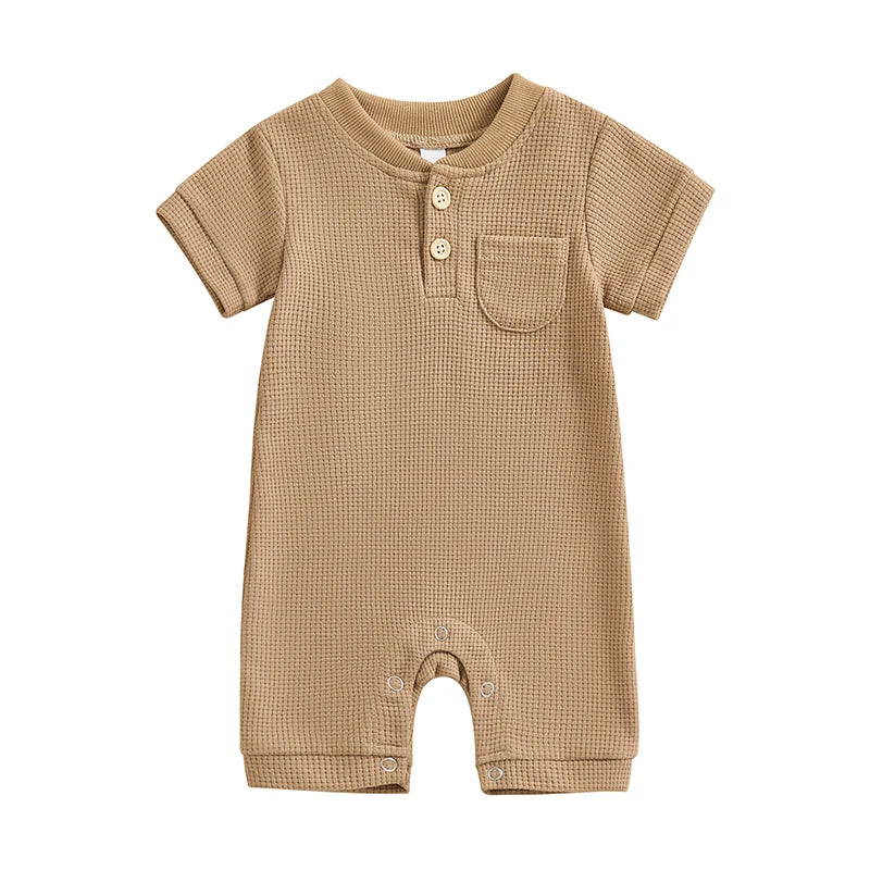 Baby Boy Girl Jumpsuit Summer Short Sleeve Solid Color Waffle Button Romper Playsuit Khaki United States