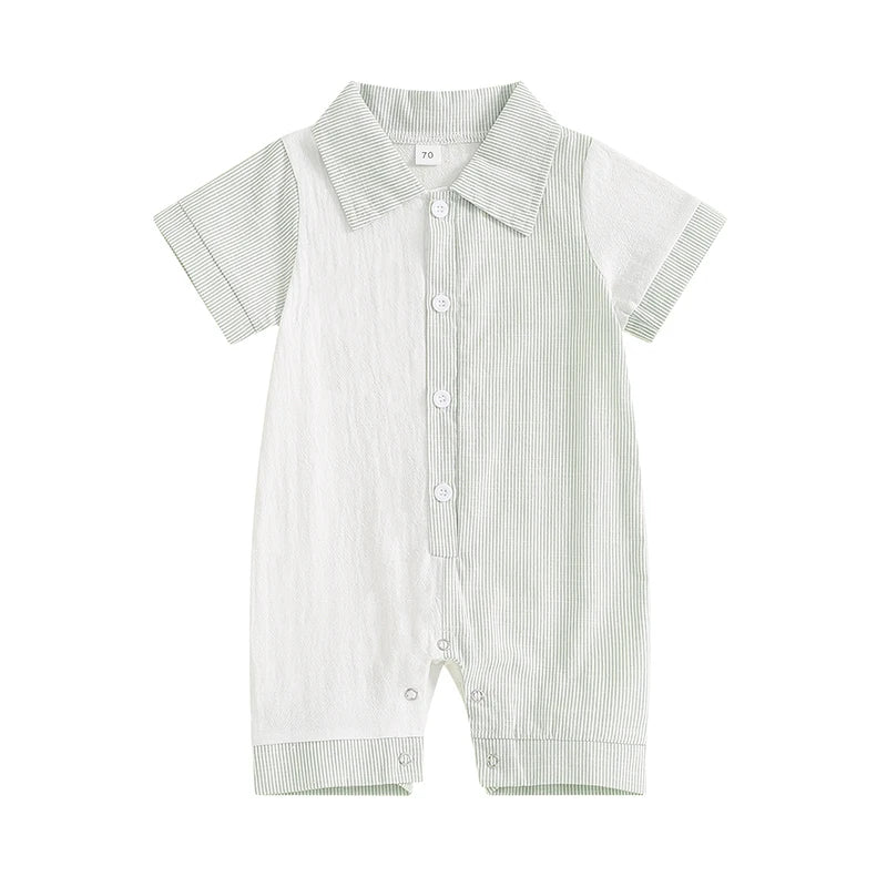 Baby Boy Jumpsuit Summer Short Sleeve Lapel Collar Stripes Contrast Color Print Romper Playsuit Green + White United States