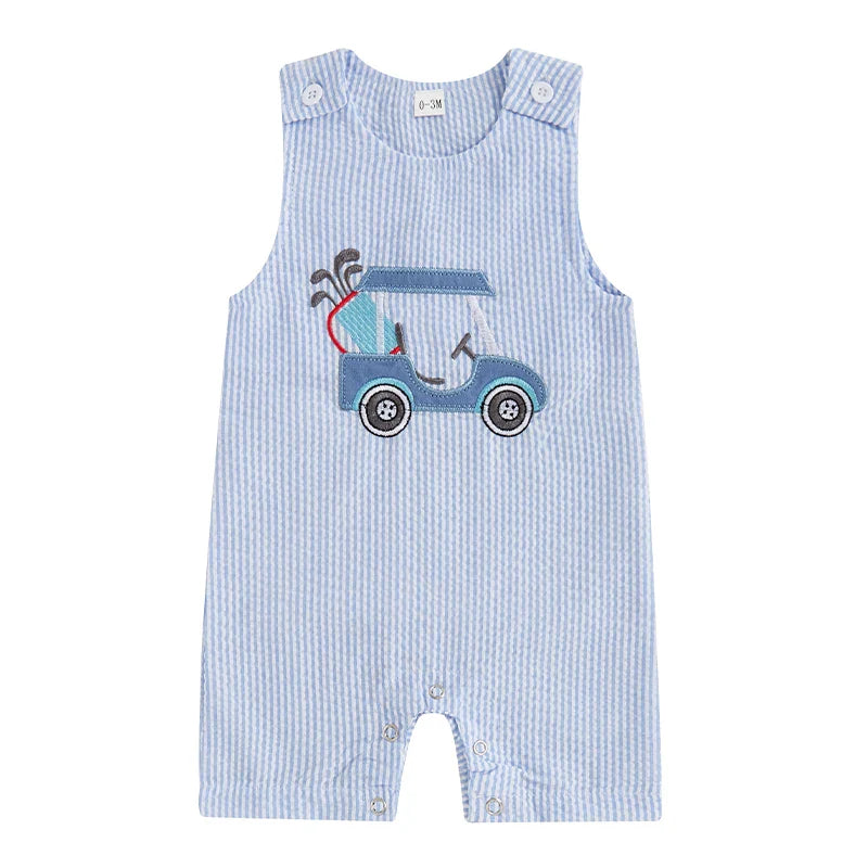Baby Boys Jumpsuit Sleeveless Crew Neck Striped Embroidery Golf Cart Summer Romper Blue United States