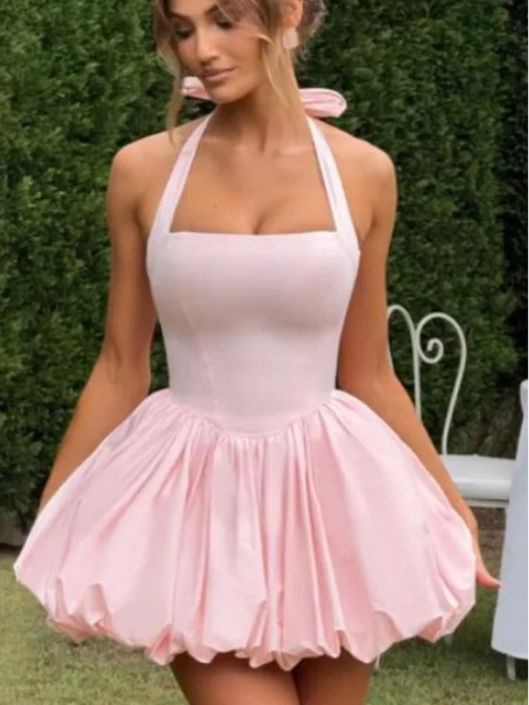 Women’s Pink Corset Puffball-Hem Mini Dress Pink