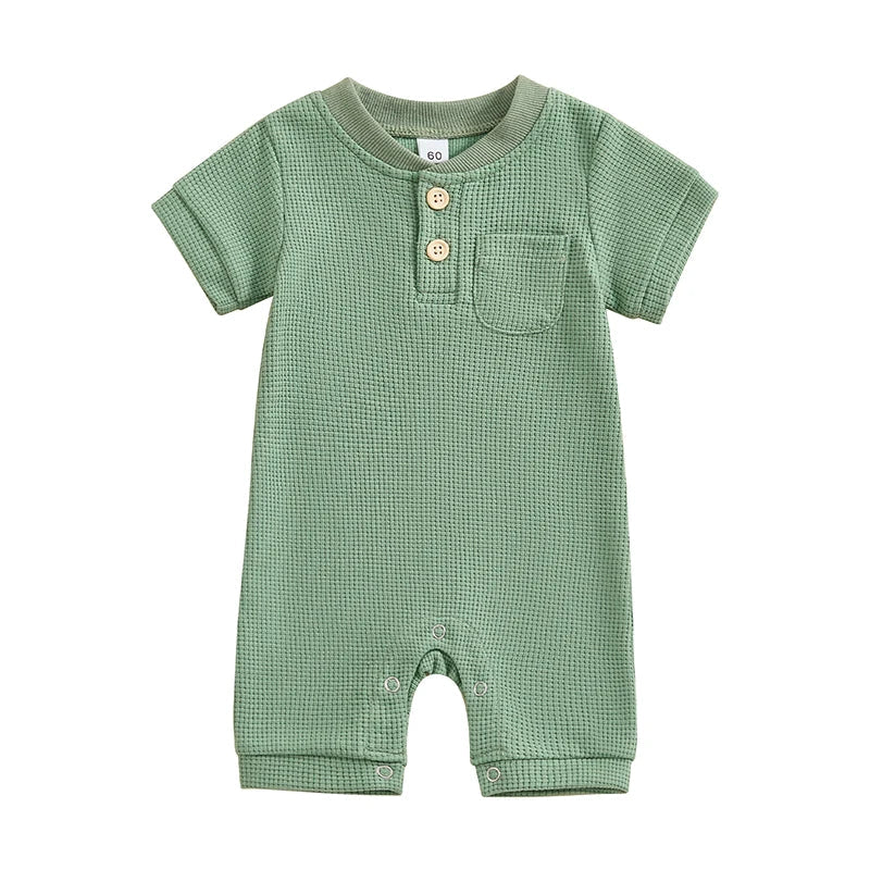 Baby Boy Girl Jumpsuit Summer Short Sleeve Solid Color Waffle Button Romper Playsuit Green United States