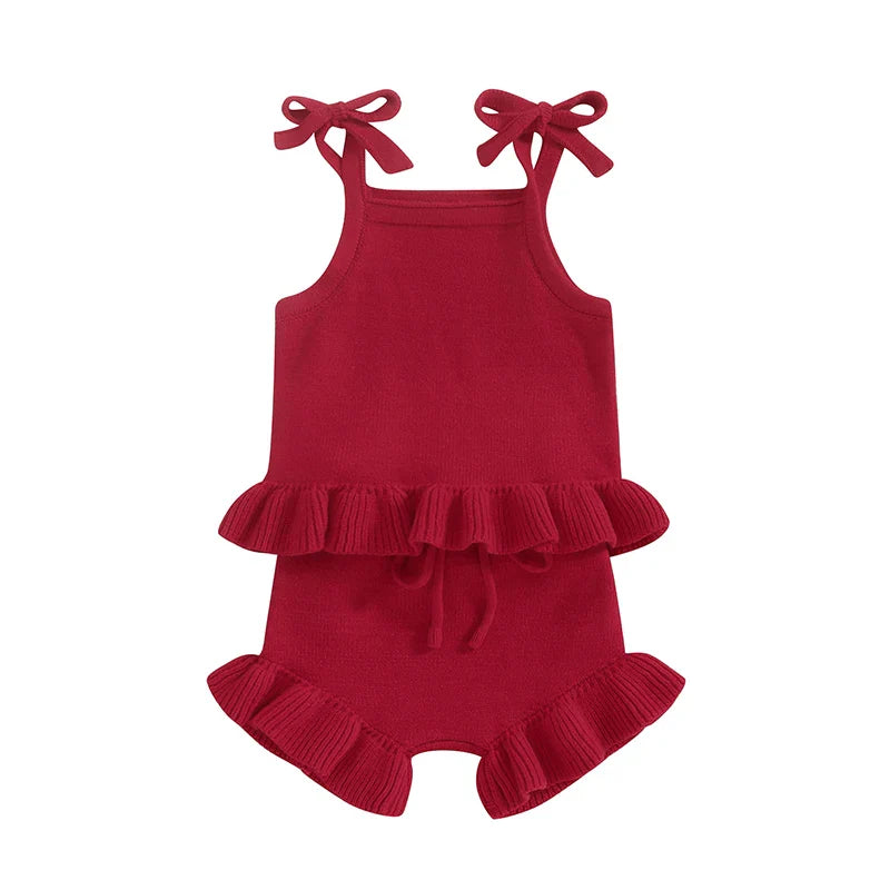 Baby Girl 2Pcs Outfits Knit Solid Color Sleeveless Cami Tank Top Tie with Elastic Waist Shorts Outfit Set Red United States