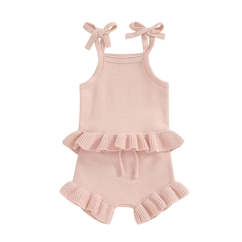 Baby Girl 2Pcs Outfits Knit Solid Color Sleeveless Cami Tank Top Tie with Elastic Waist Shorts Outfit Set Pink United States