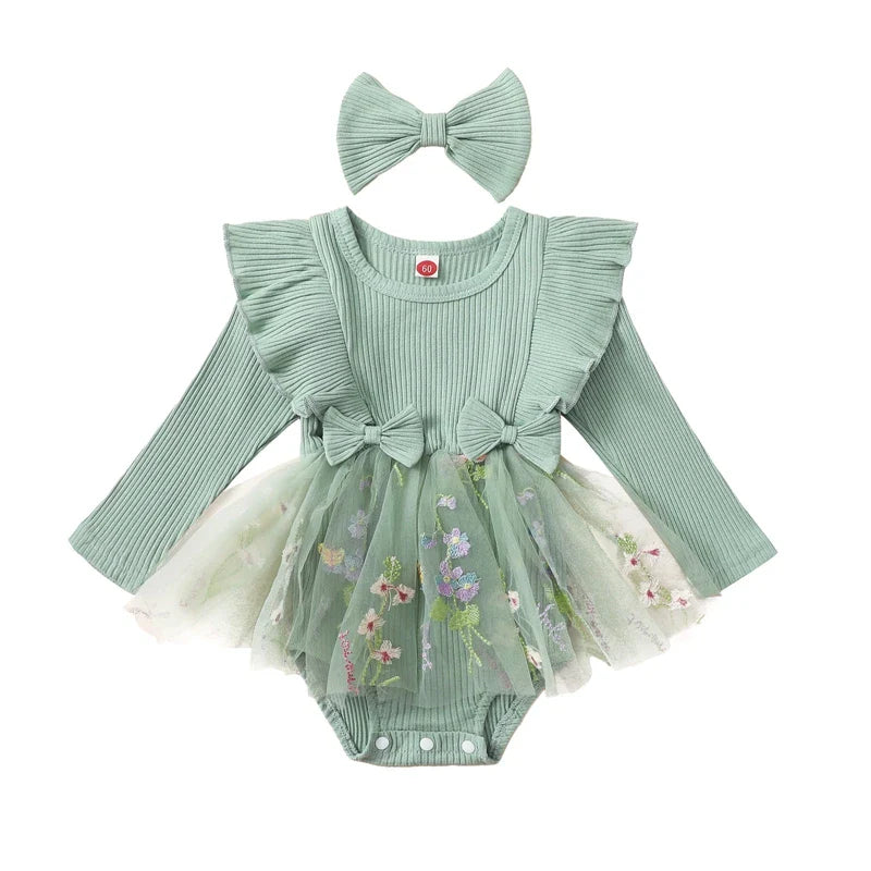 Baby Toddler Girls 2Pcs Outfit Floral Mesh Ruffles Long Sleeve Romper Dress Skirt Tutu and Headband Set green United States