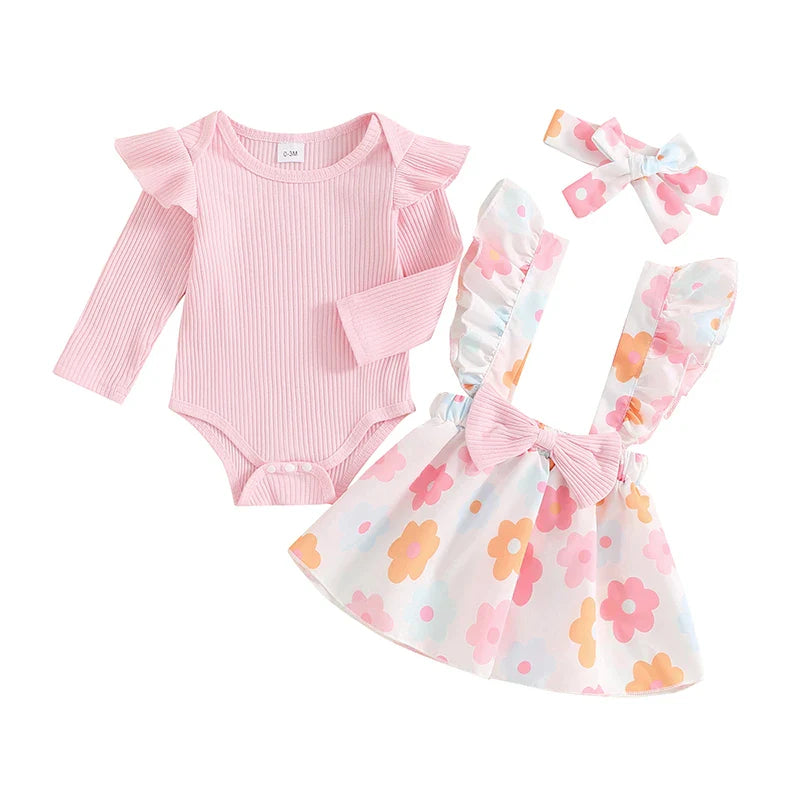 Baby Girls 3Pcs Fall Outfit Long Sleeve Ribbed Romper + Bow Suspender Flower Print Skirt + Headband Set White United States