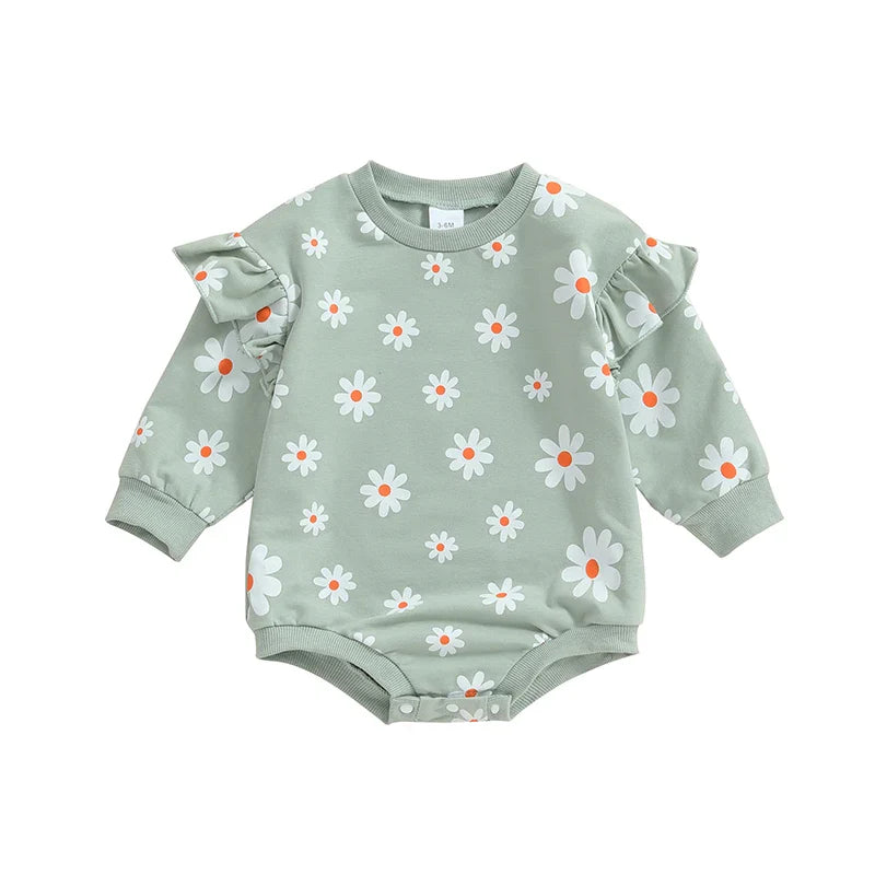Baby Girl Bubble Romper Flower Daisy Print Round Neck Long Sleeve Jumpsuit green United States