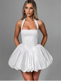 Women’s Pink Corset Puffball-Hem Mini Dress White