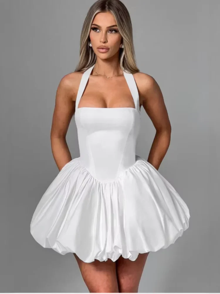 Women’s Pink Corset Puffball-Hem Mini Dress White