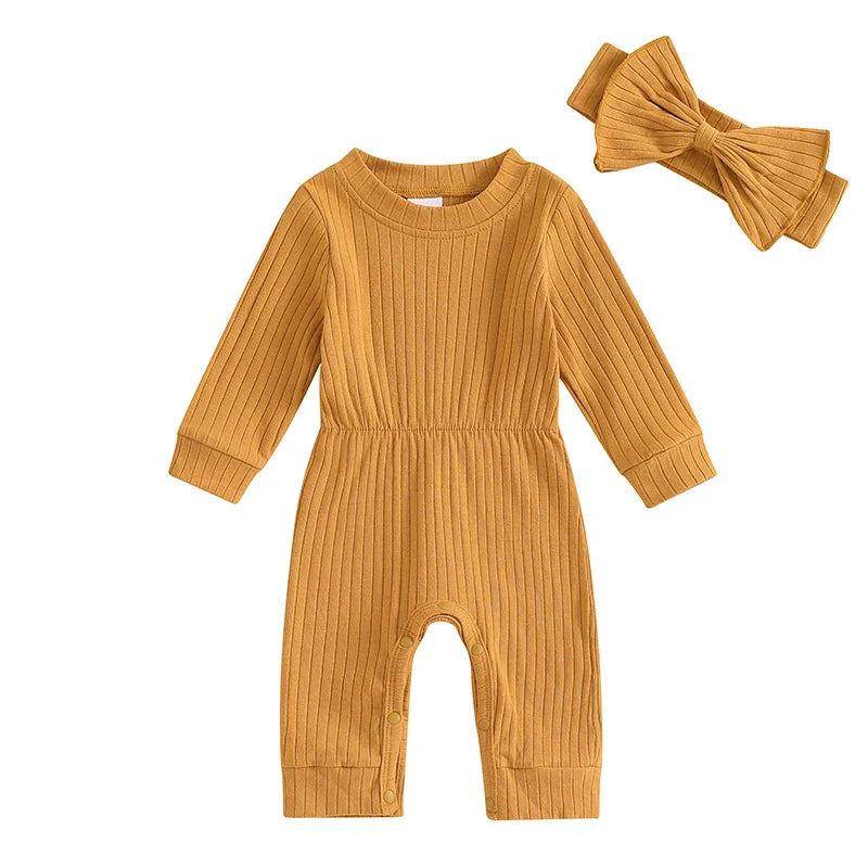 Baby Girls 2Pcs Fall Outfit Long Sleeve Round Neck Ribbed Full Leg Jumpsuit with Headband Set Yellow United States