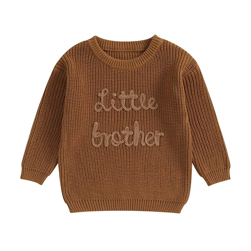 Baby Boys Sweater Letter Embroidery Little Brother Crew Neck Long Sleeve Pullover Top Brown United States