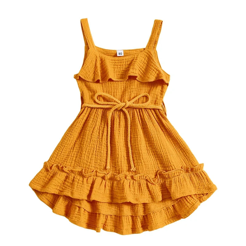 Baby Toddler Girls Summer Dress Casual Sleeveless Tank Square Neck Tie Belt A-Line Dress Mustard United States