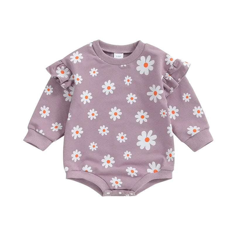 Baby Girl Bubble Romper Flower Daisy Print Round Neck Long Sleeve Jumpsuit Purple United States