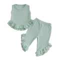 Baby Toddler Girl 2Pcs Summer Outfit Solid Waffle Round Neck Ruffled Tank Top with Long Pants Set green United States
