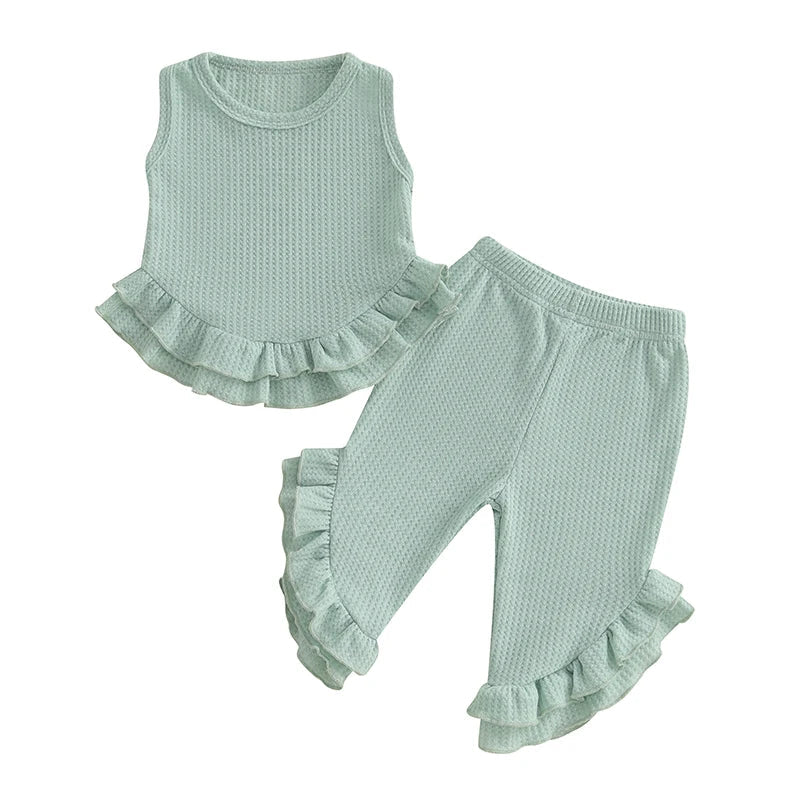 Baby Toddler Girl 2Pcs Summer Outfit Solid Waffle Round Neck Ruffled Tank Top with Long Pants Set green United States