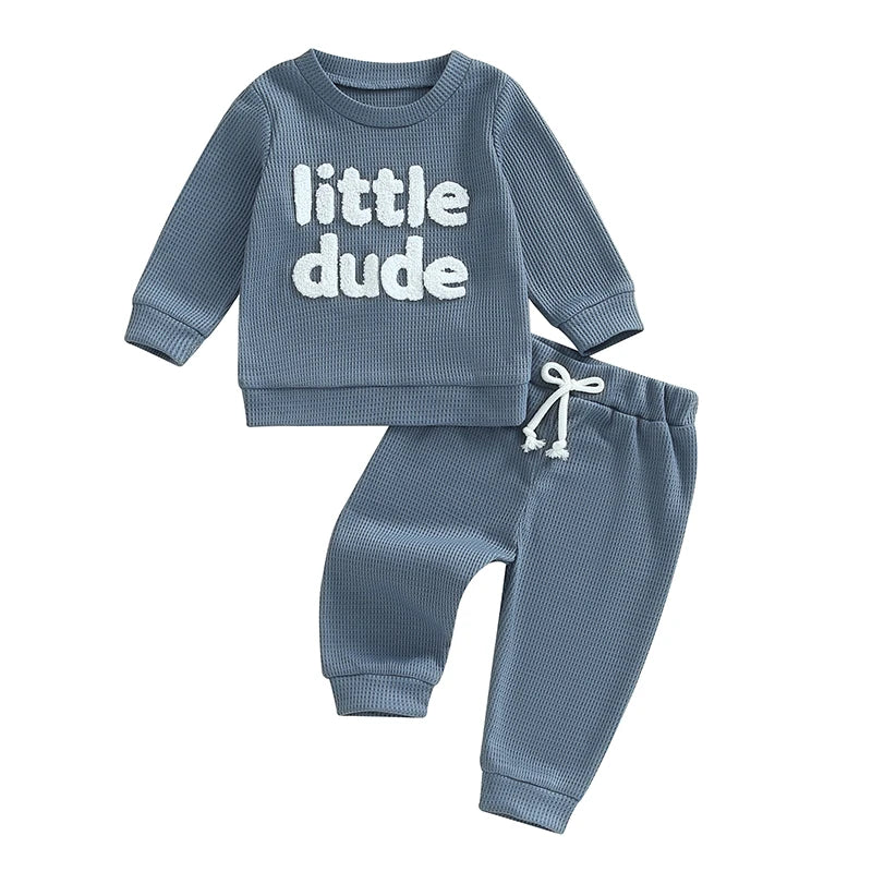 Baby Toddler Boys 2Pcs Little Dude Waffle Outfit Letter Embroidery Long Sleeve Top with Elastic Waist Solid Pants Set Blue United States