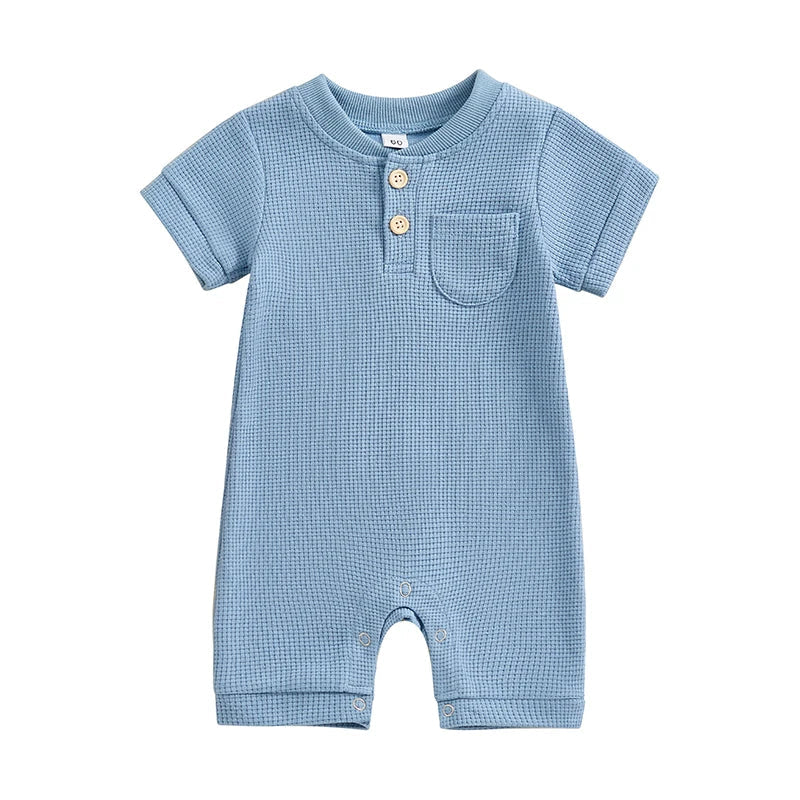 Baby Boy Girl Jumpsuit Summer Short Sleeve Solid Color Waffle Button Romper Playsuit Blue United States