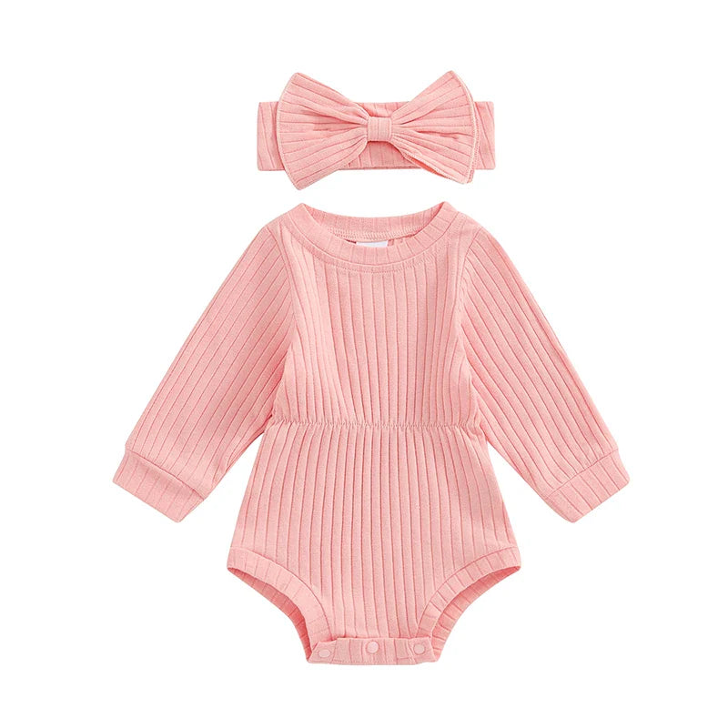 Baby Girls Spring Fall Solid Color Round Neck Long Sleeve Ribbed Romper Bow Headband Set Pink United States