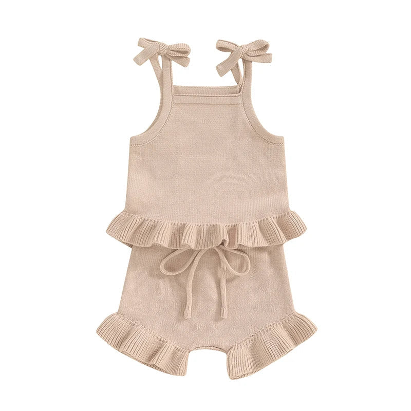 Baby Girl 2Pcs Outfits Knit Solid Color Sleeveless Cami Tank Top Tie with Elastic Waist Shorts Outfit Set Khaki United States