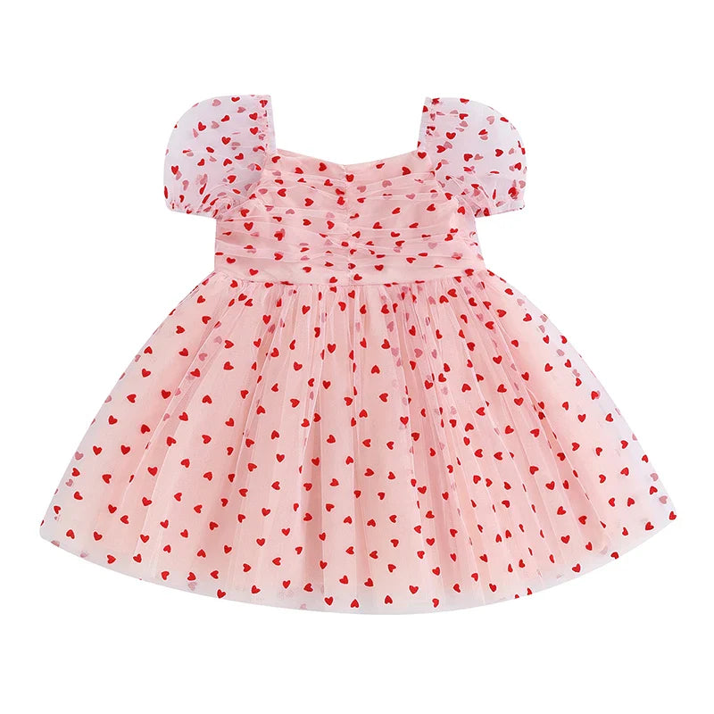 Baby Toddler Girl Valentine’s Day Dress Heart Print Short Puff Sleeve Tulle Princess Pink United States