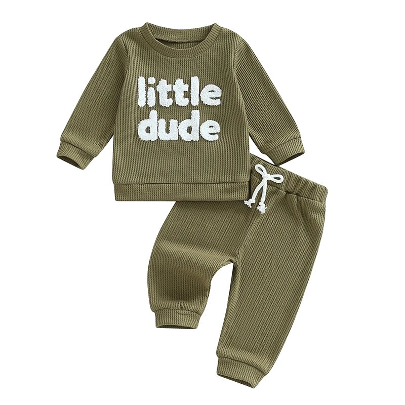 Baby Toddler Boys 2Pcs Little Dude Waffle Outfit Letter Embroidery Long Sleeve Top with Elastic Waist Solid Pants Set Green United States