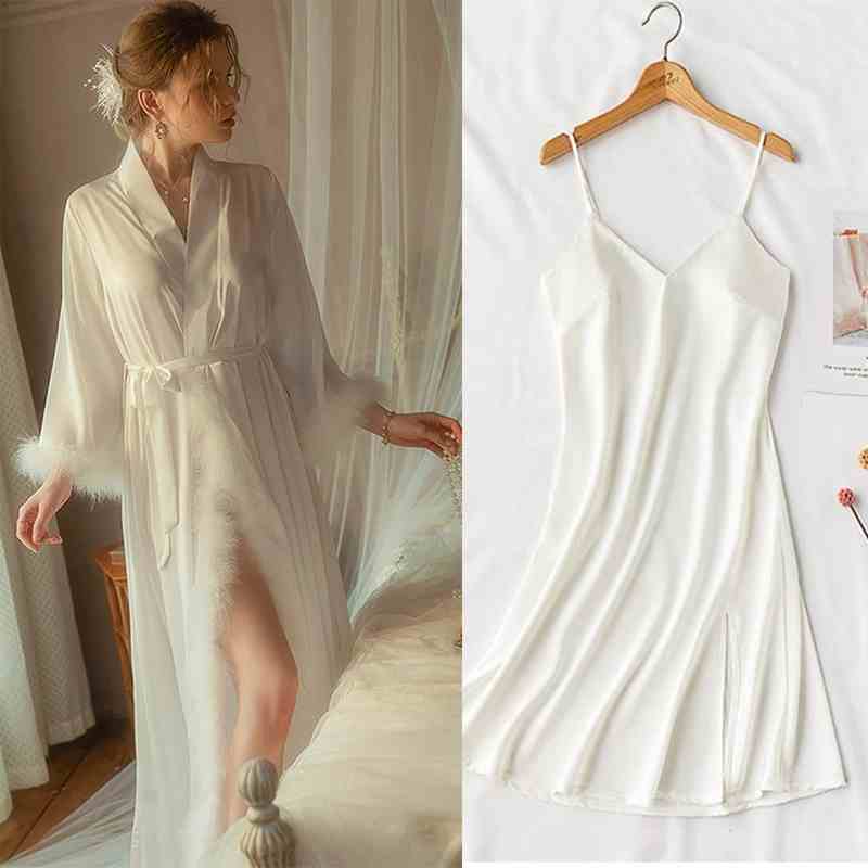 Elegant Satin Feather-Trimmed Robe & Nightdress Set - Luxury Bridal & Lounge Wear Off-White