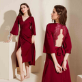 Elegant Lace Keyhole Open Back Soft Satin Robe with Slit - 4 Colors Wine