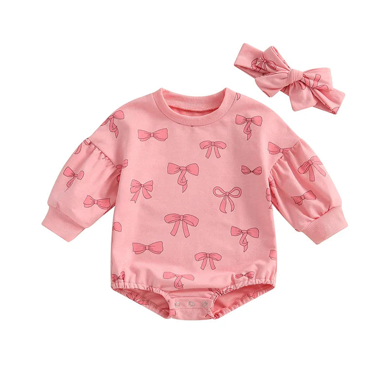 Baby Girl 2Pcs Fall Outfit Bow Print Crew Neck Long Sleeve Bubble Romper Tie-up Headband Set Pink United States