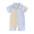 Baby Boy Jumpsuit Summer Short Sleeve Lapel Collar Stripes Contrast Color Print Romper Playsuit Beige + Blue United States