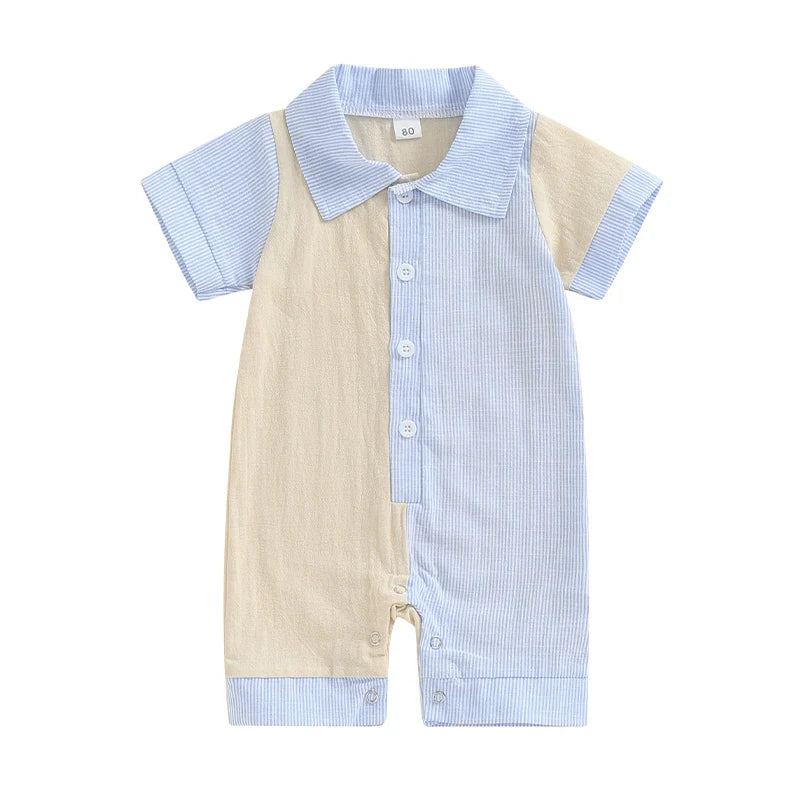 Baby Boy Jumpsuit Summer Short Sleeve Lapel Collar Stripes Contrast Color Print Romper Playsuit Beige + Blue United States