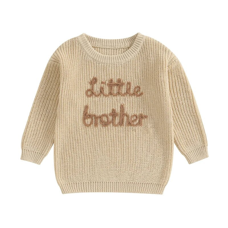 Baby Boys Sweater Letter Embroidery Little Brother Crew Neck Long Sleeve Pullover Top Beige United States