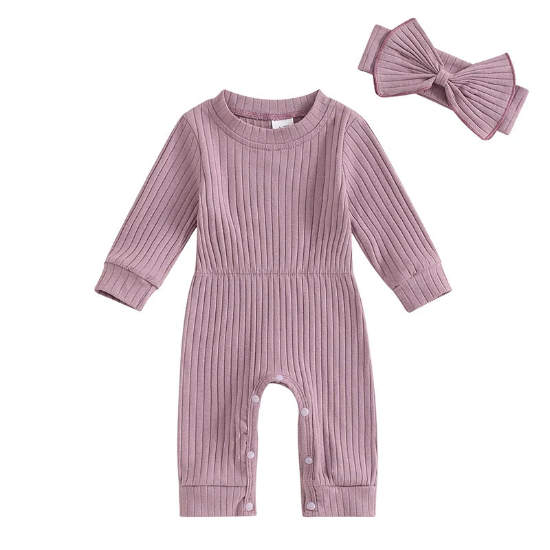 Baby Girls 2Pcs Fall Outfit Long Sleeve Round Neck Ribbed Full Leg Jumpsuit with Headband Set Purple United States