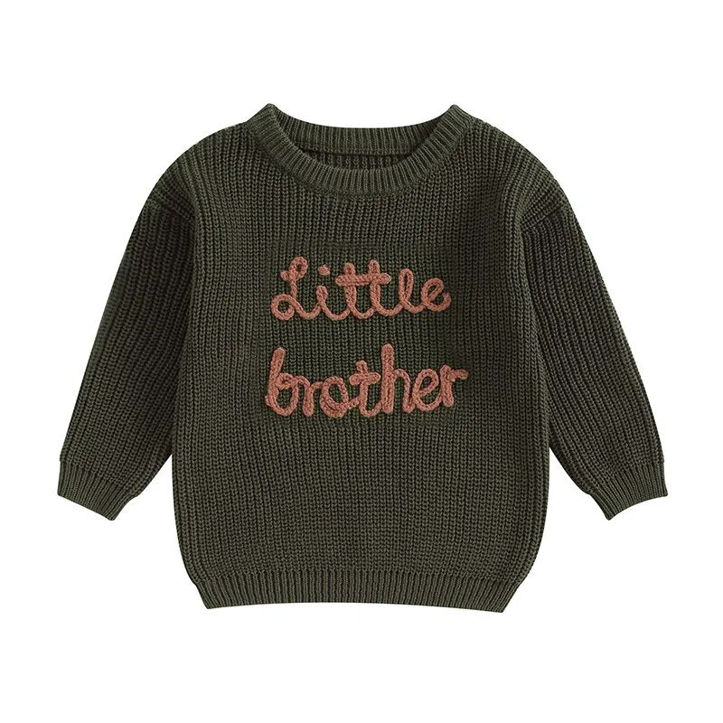 Baby Boys Sweater Letter Embroidery Little Brother Crew Neck Long Sleeve Pullover Top Dark Green United States