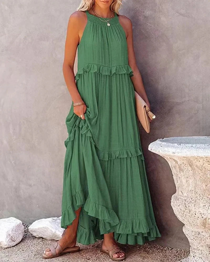 Elegant Apricot Ruffle Maxi Dress green
