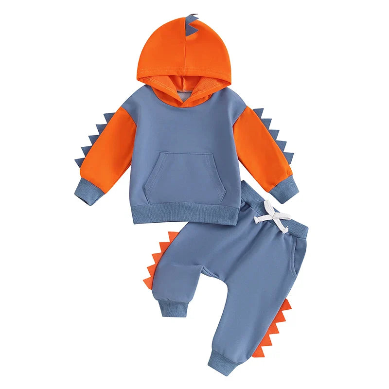 Baby Toddler Boys 2Pcs Dinosaur Outfit Contrast Color Long Sleeve Hoodie Top Elastic Waist Pants Set Blue United States