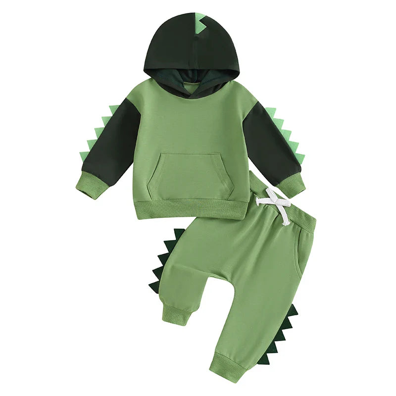 Baby Toddler Boys 2Pcs Dinosaur Outfit Contrast Color Long Sleeve Hoodie Top Elastic Waist Pants Set Green United States