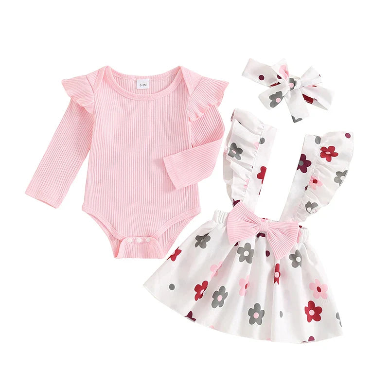 Baby Girls 3Pcs Fall Outfit Long Sleeve Ribbed Romper + Bow Suspender Flower Print Skirt + Headband Set Pink United States