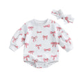 Baby Girl 2Pcs Fall Outfit Bow Print Crew Neck Long Sleeve Bubble Romper Tie-up Headband Set White United States