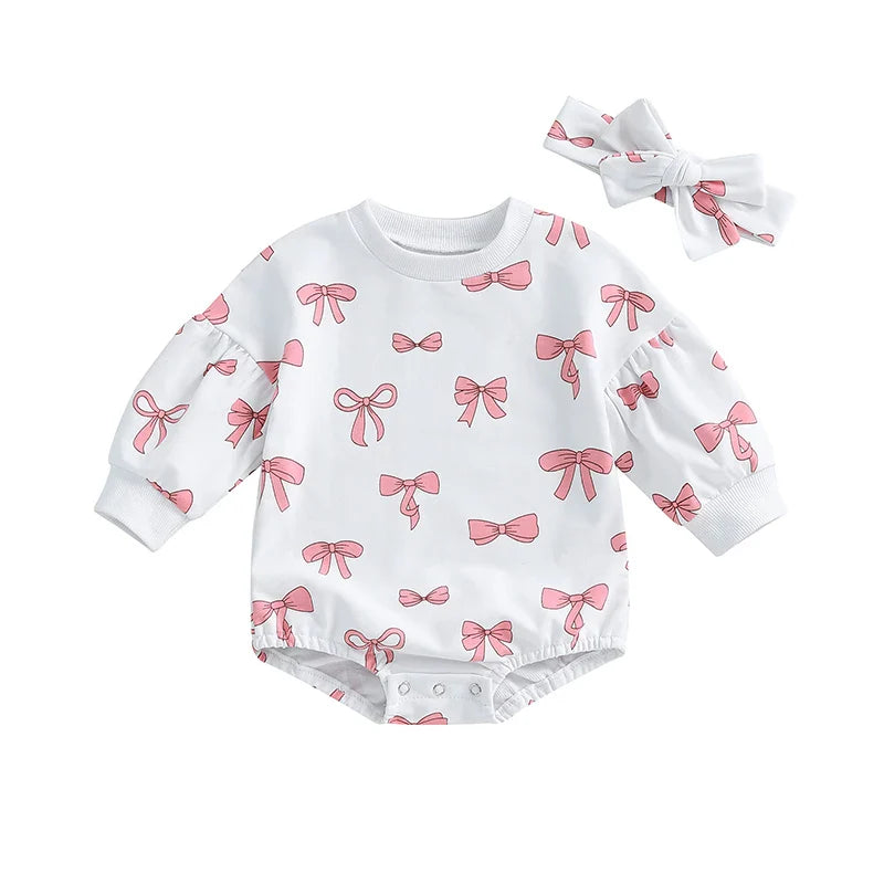 Baby Girl 2Pcs Fall Outfit Bow Print Crew Neck Long Sleeve Bubble Romper Tie-up Headband Set White United States