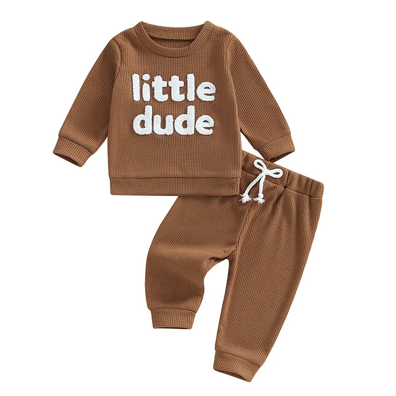 Baby Toddler Boys 2Pcs Little Dude Waffle Outfit Letter Embroidery Long Sleeve Top with Elastic Waist Solid Pants Set Brown United States