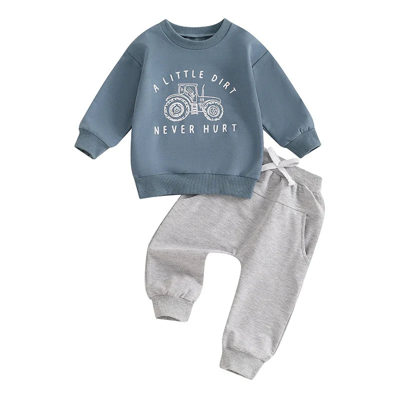 Baby Toddler Boys 2Pcs A Little Dirt Never Hurt Fall Outfit Long Sleeve Tractor Letter Print Top + Pants Set Blue United States