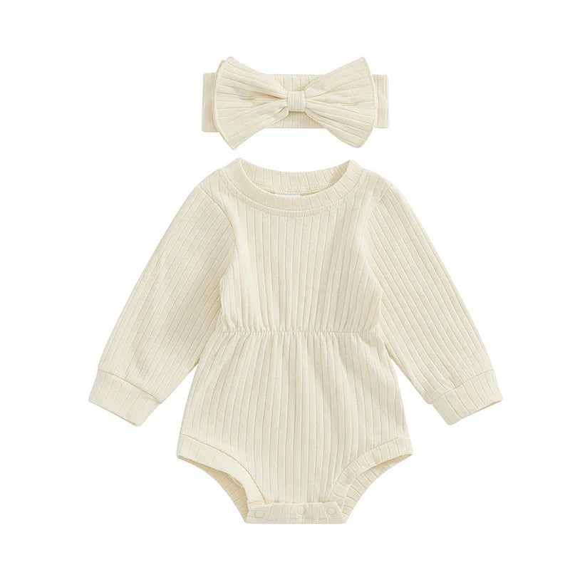 Baby Girls Spring Fall Solid Color Round Neck Long Sleeve Ribbed Romper Bow Headband Set Beige United States