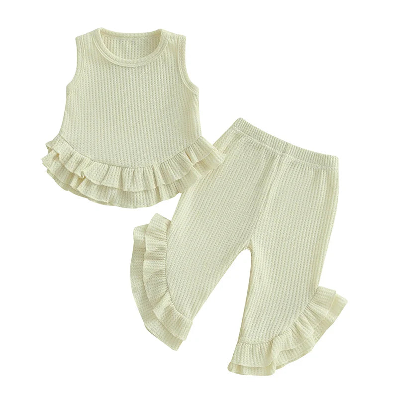 Baby Toddler Girl 2Pcs Summer Outfit Solid Waffle Round Neck Ruffled Tank Top with Long Pants Set Beige United States