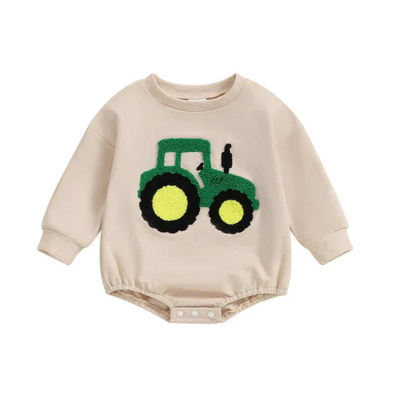 Baby Girls Boys Autumn Romper Long Sleeve Crewneck Tractor Embroidery Casual Playsuit Beige United States