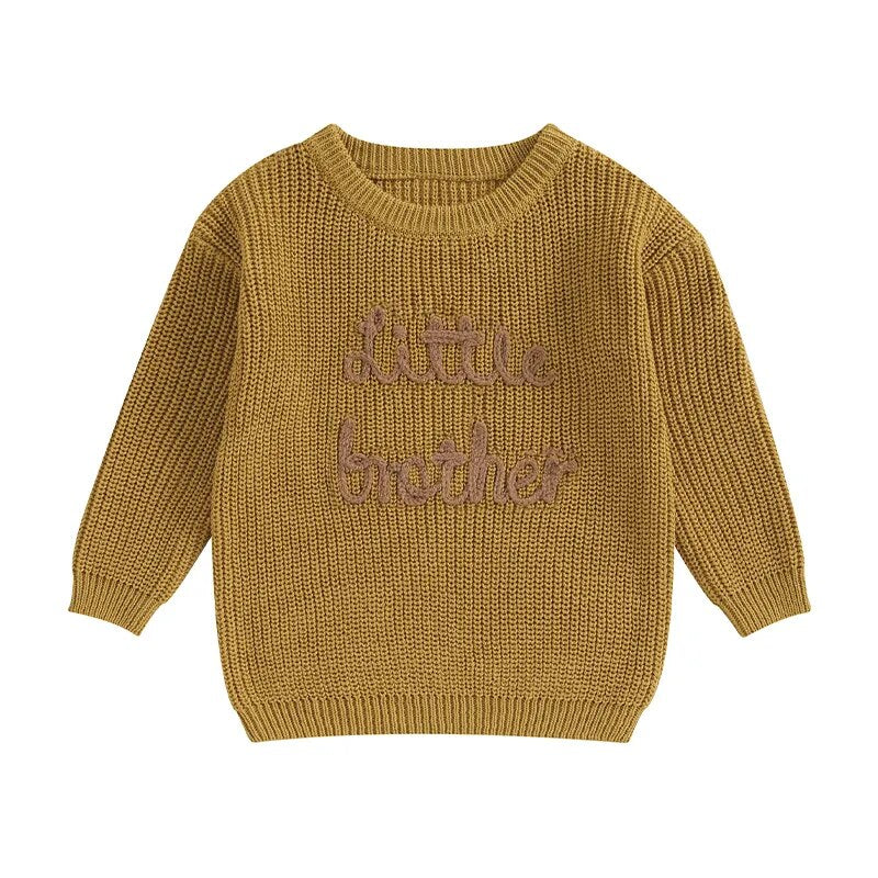 Baby Boys Sweater Letter Embroidery Little Brother Crew Neck Long Sleeve Pullover Top Gold United States
