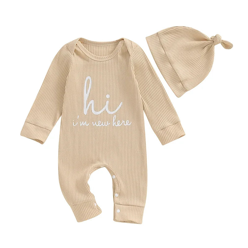 Baby Boys Girls 2Pcs Hi I'm New Here Romper Letter Print Long Sleeve Crew Neck Jumpsuit Bodysuit with Hat Set Beige United States