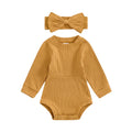 Baby Girls Spring Fall Solid Color Round Neck Long Sleeve Ribbed Romper Bow Headband Set Rust United States