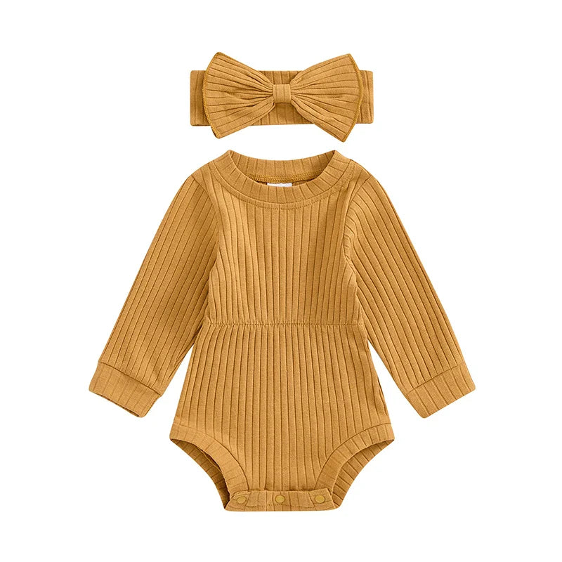 Baby Girls Spring Fall Solid Color Round Neck Long Sleeve Ribbed Romper Bow Headband Set Rust United States