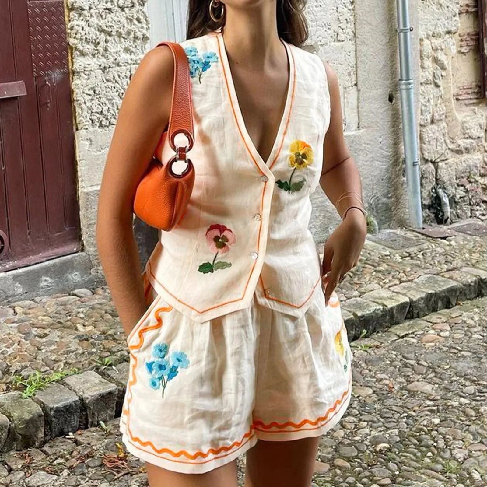 🌸 Vintage Floral Embroidered 2-Piece Summer Set Beige