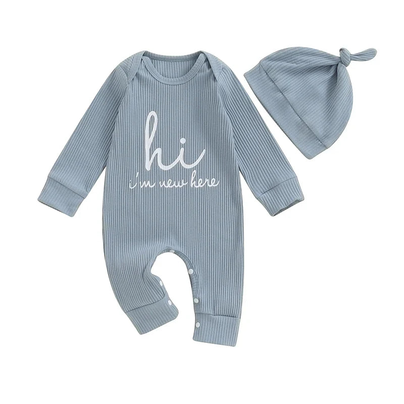 Baby Boys Girls 2Pcs Hi I'm New Here Romper Letter Print Long Sleeve Crew Neck Jumpsuit Bodysuit with Hat Set Blue United States